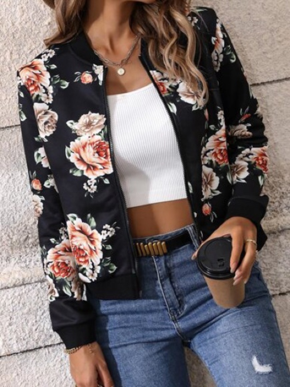 Breezaya Floral Print Zip Up Bomber Jacket Women's Size XL (12) NWOT